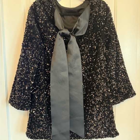 Black Sequin Long Sleeve Tunic Dress Ribbon Back - Women's L - Picture 5 of 7